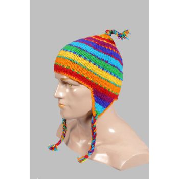 Hand-Knitted 100% Woolen Outside & Polyester Inside Multi-Colored Ear Flap