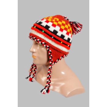 Hand-Knitted 100% Woolen Outside & Polyester Inside Multi-Colored Ear Flap