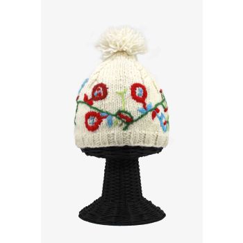 100% Pure Woolen Soft & Warm Women's White Beanie Hat with Flower Design