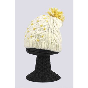 100% Pure Woolen Soft & Warm White and Yellow Beanie Hat