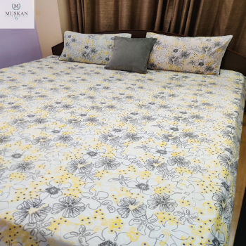 Yellow and Black Floral Screen Print Bedsheet Set
