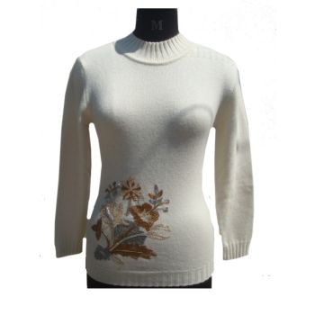 Pure Cashmere  Ladies  T neck  sweater with Embroidery on waist  Hand  Made  in  Nepal 