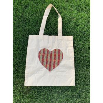 Heart print dhaka bag-white
