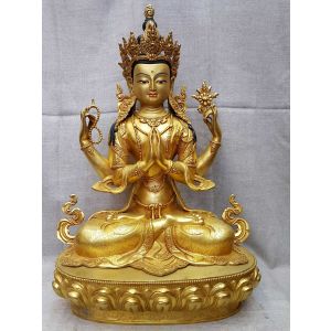 Statue of Avalokitesvara Partly Gold Plated Painted Face