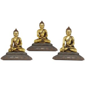 Statue Set of Shakyamuni Buddha, Amitabha Buddha and Medicine Buddha In Bronze Finishing with Wooden Base