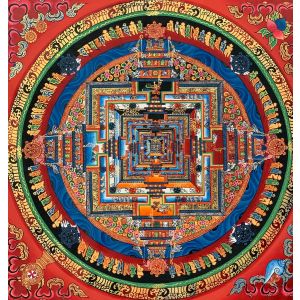 GENUINE HAND-PAINTED KALACHAKRA MANDALA -THE WHEEL OF LIFE CIRCLE ORIGINAL- TIBETAN THANGKA PAINTING 