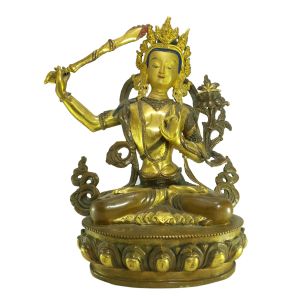 Old Stock Statue of Manjushree Partly Gold Plated , Painted Face, Last Piece 