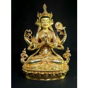 Statue of Chenrezig Full Gold Plated , Painted Face