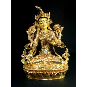 Statue of White Tara Full Gold Plated , Painted Face
