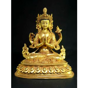 Statue of Chenrezig Full Gold Plated , Painted Face