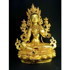 Statue of Green Tara , Full Fire Gold plated , Painted Face