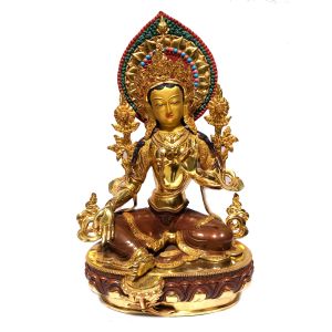  Monastery Quality Buddhist Statue of Green Tara Full Fire Gold plated , Painted Face 