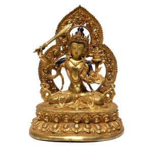  Monastery Quality Buddhist Statue of Manjushree Full Fire Gold plated , Painted Face 