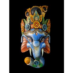 Handmade Wooden Mask Of Ganesh, Painted Blue 
