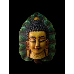 Handmade Wooden Mask Of Buddha, Painted Golden 