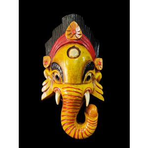 Handmade Wooden Mask Of Ganesh, Painted Yellow 