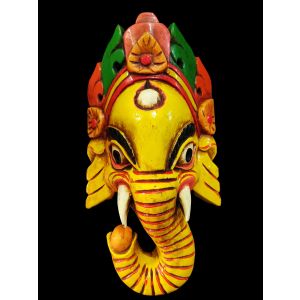 Handmade Wooden Mask Of Ganesh, Painted Yellow 