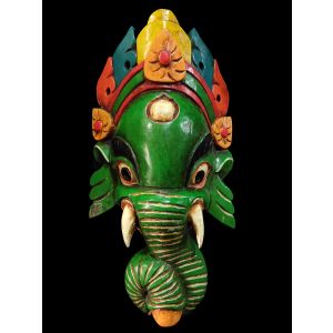 Handmade Wooden Mask Of Ganesh, Painted Green 