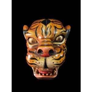 Handmade Wooden Mask Of Tiger Head, Painted yellow 