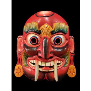 Handmade Wooden Mask Of Lakhey, Painted Red 
