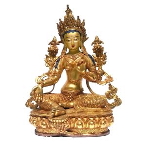  Monastery Quality Statue Of Green Tara, Fire Full Gold Plated , with Painted Face