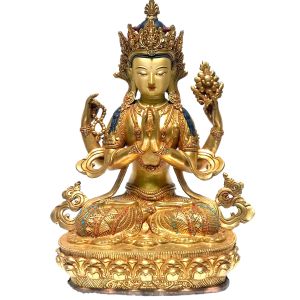  Monastery Quality Statue Of Chenrezig - kharcheri - Avalokitesvara, Fire Full Gold Plated , with Painted Face