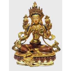  Monastery Quality Statue Of Green Tara, Partly Gold Plated , with Painted Face