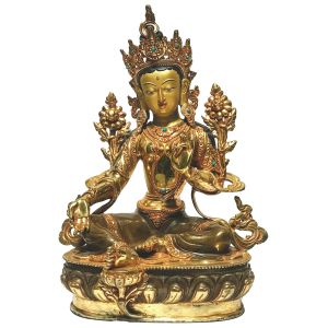  Monastery Quality Statue Of Green Tara, Partly Gold Plated , with Painted Face