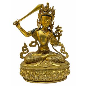 Nepali Statue Of Manjushree, Copper Gold Plated 