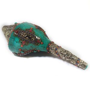 Conch Shell with Om Mani Padme hum , Stone and Metal Setting 