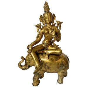 Nepali Statue Of Green Tara On Elephant, Copper Gold Plated , Antique Finishing 