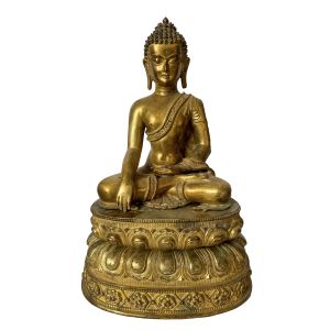 Nepali Statue Of Shakyamuni Buddha on Double lotus Base, Copper Gold Plated , Antique Finishing 