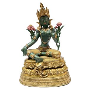 Nepali Statue Of Green Tara, Partly Gold Plated , Thangka color Finishing 