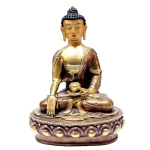 Nepali Statue Of Shakyamuni Buddha, Partly Gold Plated, Painted Face 