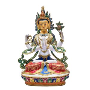 Nepali Statue Of Chenrezig, Partly Gold Plated, Painted Face , with Thangka color finishing