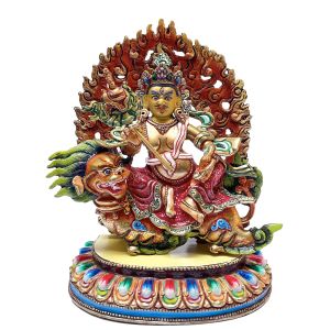 Nepali Statue Of Kuber On Lion, Partly Gold Plated, Painted Face 