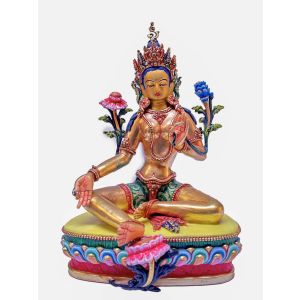 Nepali Statue Of Green Tara, Partly Gold Plated, Painted Face 