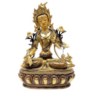 Nepali Statue Of White Tara, Partly Gold Plated, Painted Face 