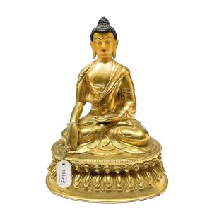 Nepali Statue Of Shakyamuni Buddha, Full Gold Plated, Painted Face 