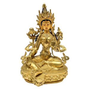 Nepali Statue Of Green Tara, Full Gold Plated, Painted Face 