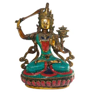 Statue of Manjushree with Real Stone Setting 