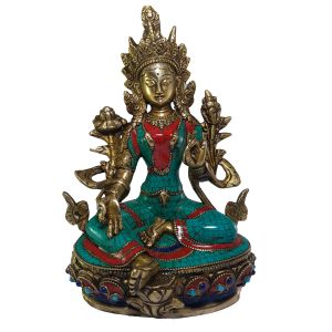Statue of Green Tara with Real Stone Setting 