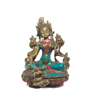 Statue of Green Tara with Real Stone Setting 