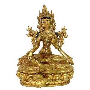Nepali Handmade Statue Of Green Tara, Full Fire Gold Plated 