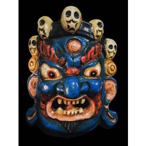 Handmade Wooden Mini Mask Of Mahakala, Painted Blue 
