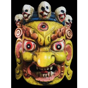 Handmade Wooden Mini Mask Of Mahakala, Painted Yellow 
