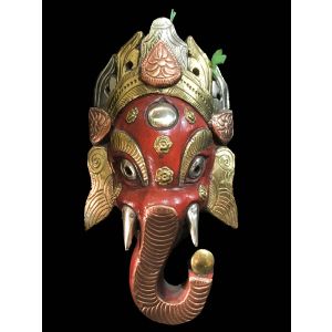 Handmade Wooden Mask Of Ganesh, Painted Red, Metal Inlaid 