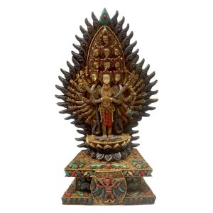 Tibetan Statue of Sahasrabhuja Avalokitesvara, Stone Setting, Oxidized