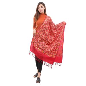 Red Cashmere Floral Work Dupatta For Women