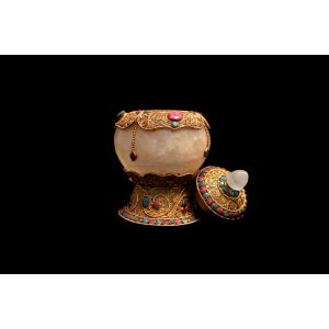 Gold Plated Metal Crystal Bowl & Cover with Stone Setting